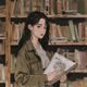 yy漫画编辑主编苏墨的专业形象照，文艺气质女性手持漫画册在书架前留影