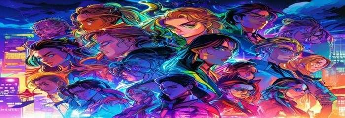 yy漫画2026暑期特辑封面，多部热门漫画角色集合在霓虹夜景背景下的精美宣传图